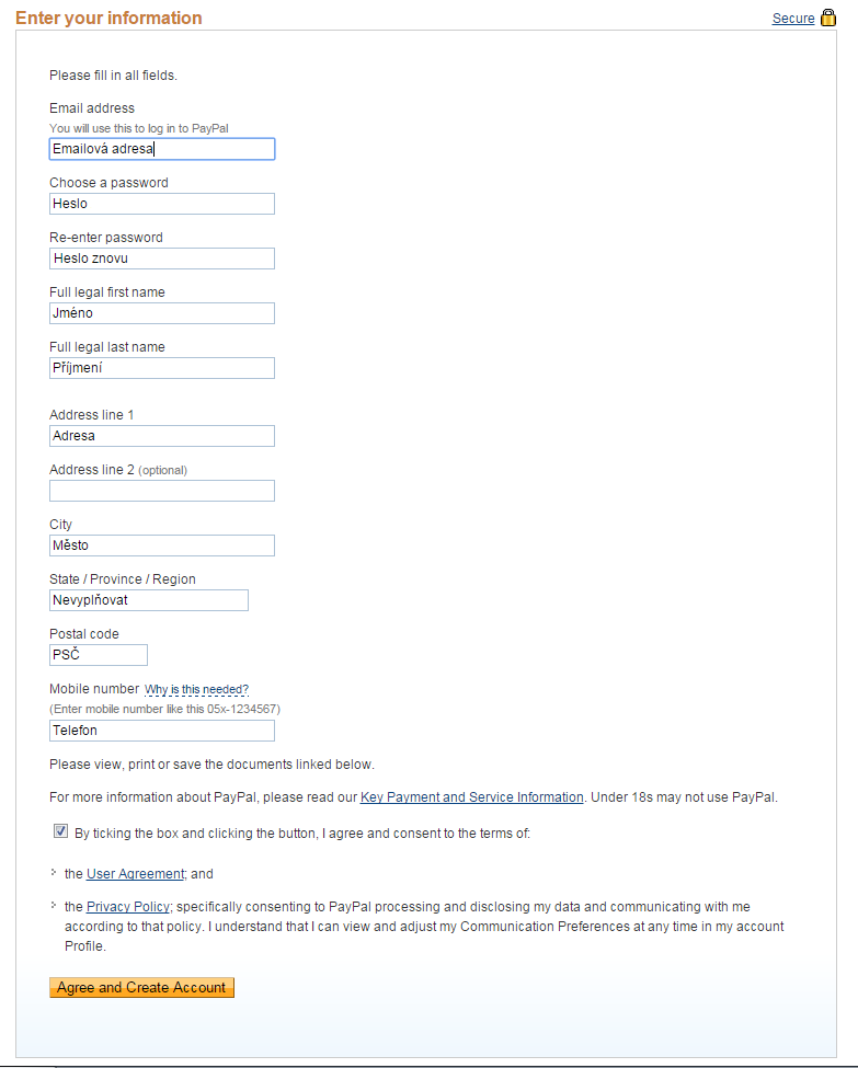 vyplnění údaju pro zřízení paypal účtu